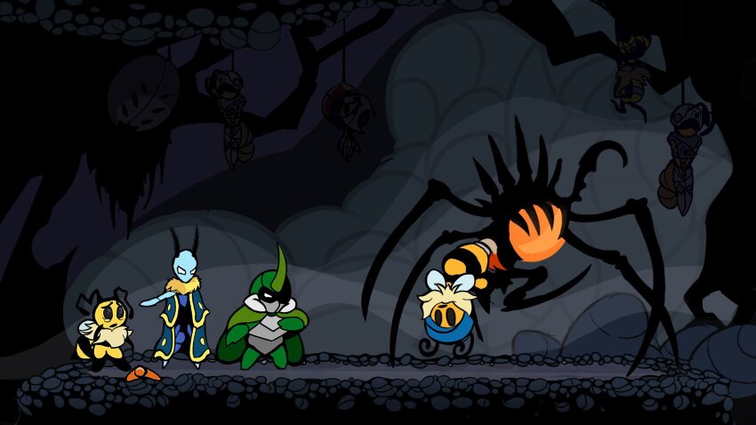 1girl, 2boys, 3others, angry, animal_print, ant_guard_(bug_fables), antennae, arthropod_boy