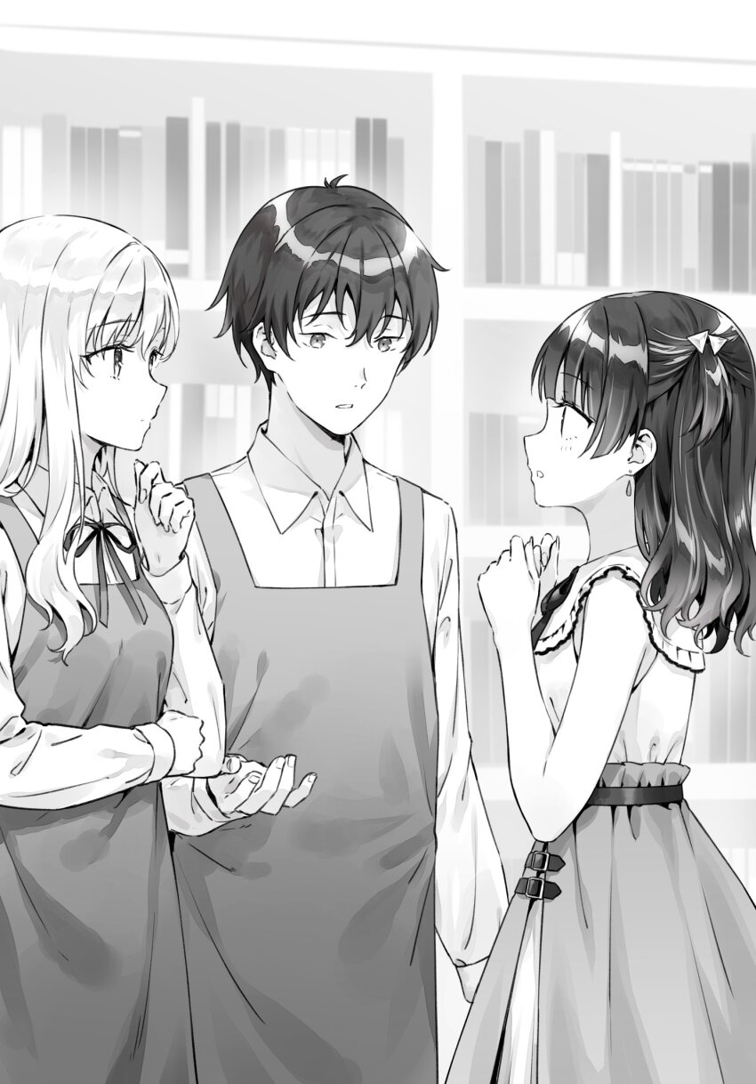 1boy, 2girls, apron, asamura_yuuta, ayase_saki, bookshelf, brother_and_sister, brother_and_step-sister