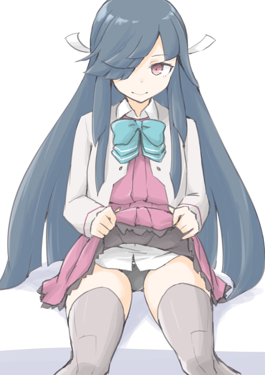 1girl, akara_kai, aqua_bow, aqua_bowtie, black_hair, black_panties, blush, bow, bowtie, brown_eyes, dress, grey_jacket, grey_thighhighs, hair_over_one_eye, hair_ribbon, hayashimo_(kancolle), hayashimo_kai_ni_(kancolle), highres, hime_cut, jacket, kantai_collection, lifting_own_clothes, long_hair, long_sleeves, looking_at_viewer, panties, ribbon, school_uniform, shirt, simple_background, sitting, smile, solo, thighhighs, underwear, very_long_hair, white_ribbon, white_shirt