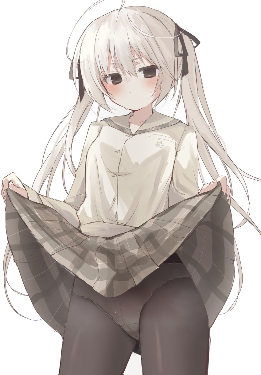 1girl, absurdres, ahoge, black_pantyhose, black_ribbon, blush, brown_eyes, closed_mouth, clothes_lift, collared_shirt, commentary_request, cowboy_shot, embarrassed, grey_skirt, hair_between_eyes, hair_ribbon, highres, huge_ahoge, kasugano_sora, lifting_own_clothes, light_brown_hair, long_hair, long_sleeves, looking_at_viewer, panties, panties_under_pantyhose, pantyhose, plaid_clothes, plaid_skirt, presenting, ribbon, school_uniform, shirt, simple_background, skirt, skirt_lift, solo, sweat, takepoison, twintails, underwear, v-shaped_eyebrows, white_background, white_shirt, yosuga_no_sora