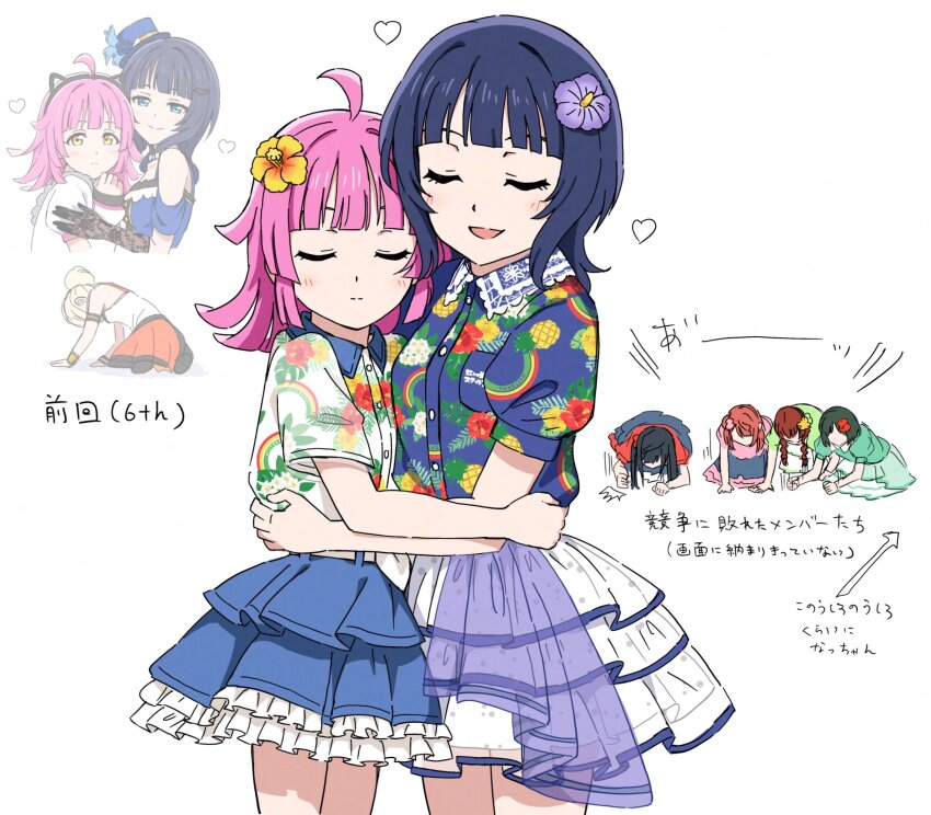 6+girls, :d, :|, ^^^, ahoge, animal_ear_headphones, animal_ears, arrow_(symbol)