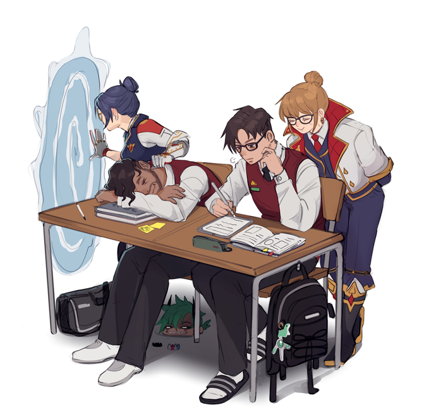 2boys, 3girls, alter_(apex_legends), alternate_universe, animification, apex_legends, backpack, bag