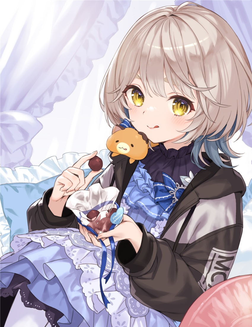 1girl, ame8desu, bed, blue_dress, canopy_bed, closed_mouth, commentary_request, dress