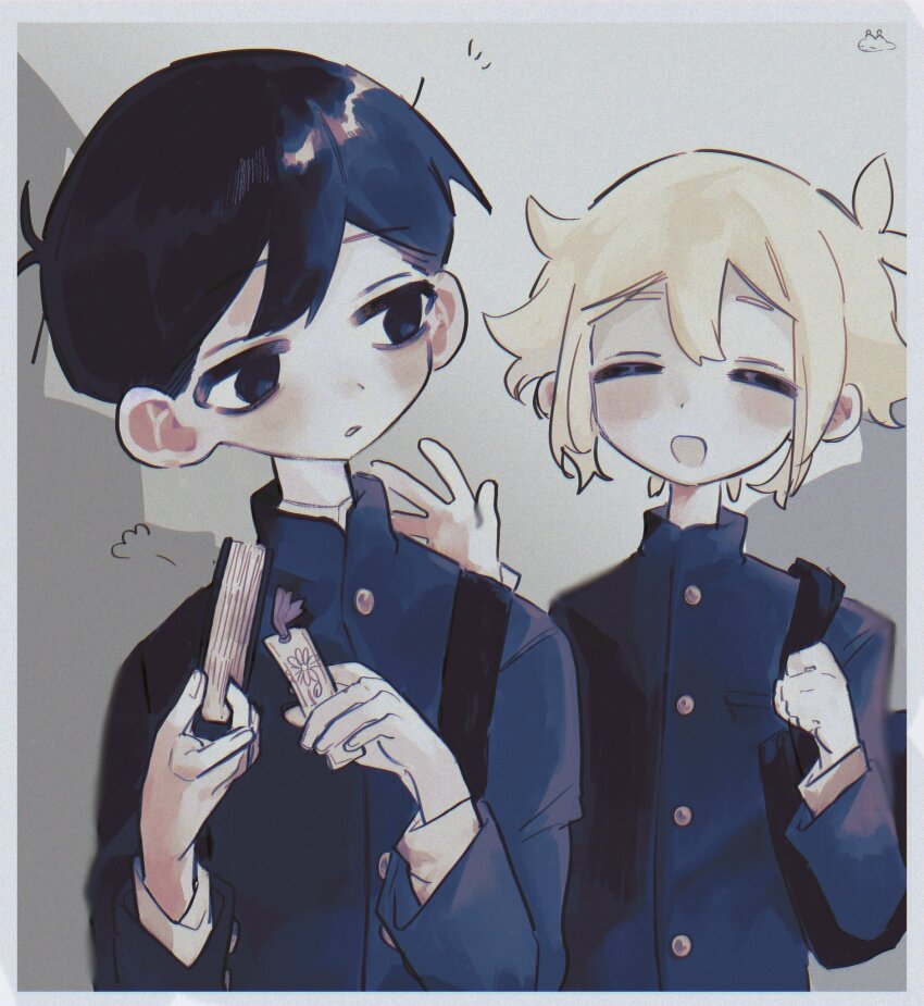 2boys, alternate_costume, backpack, bag, basil_(faraway)_(omori), basil_(omori), black_eyes, black_hair