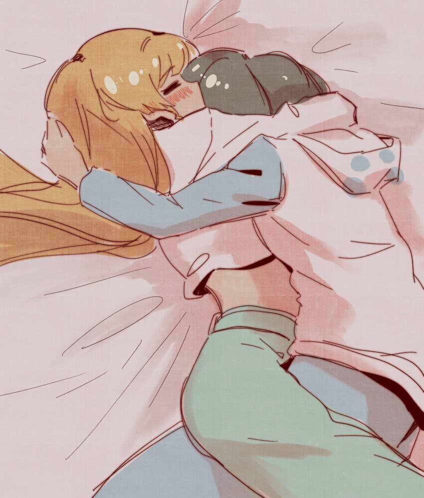 2girls, =_=, arm_around_neck, blonde_hair, blue_pants, blush, commentary, cowboy_shot