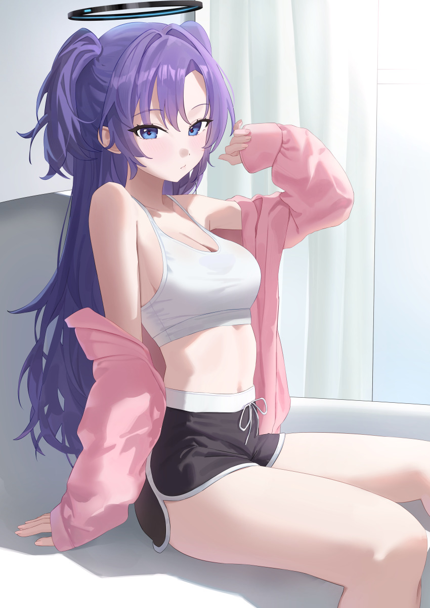 1girl, :/, absurdres, arm_support, black_shorts, blue_archive, blue_eyes, breasts