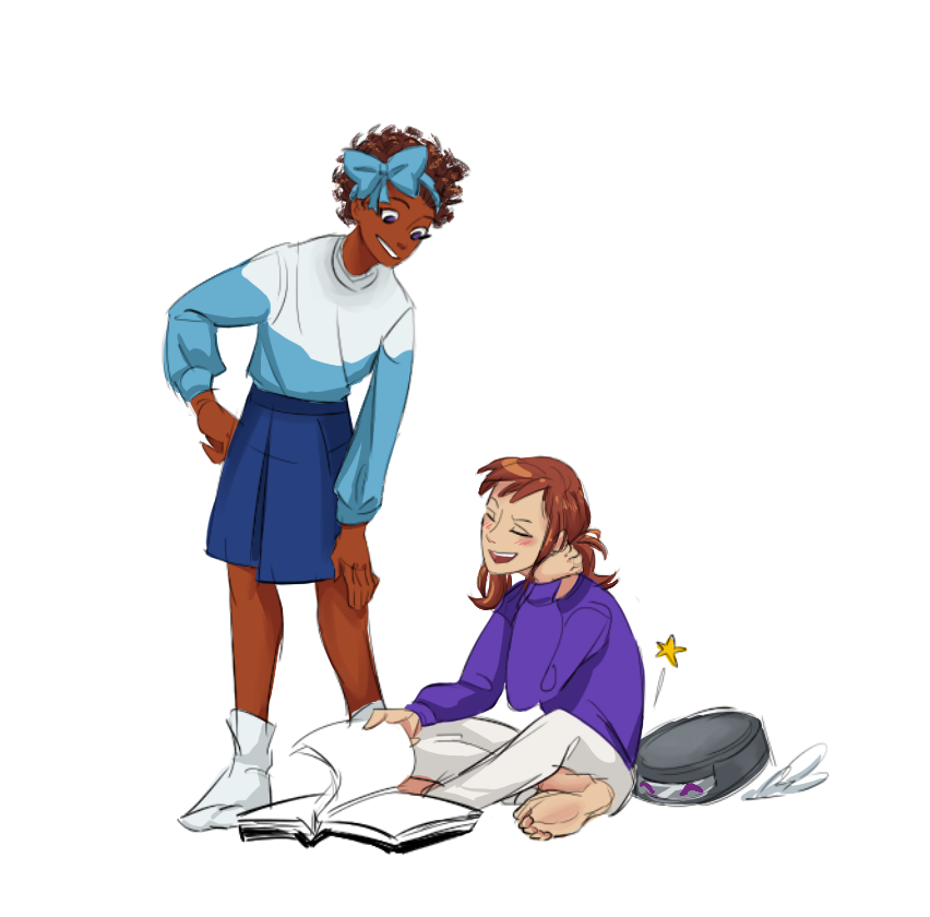 2girls, a_hat_in_time, aged_up, alternate_costume, barefoot, blue_skirt, book, bow