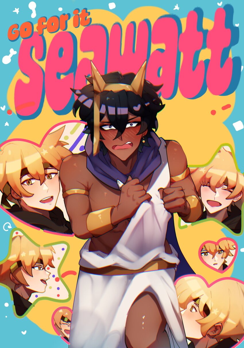 2boys, absurdres, ancient_egyptian_clothes, black_hair, blonde_hair, blush, book_cover_redraw, commentary