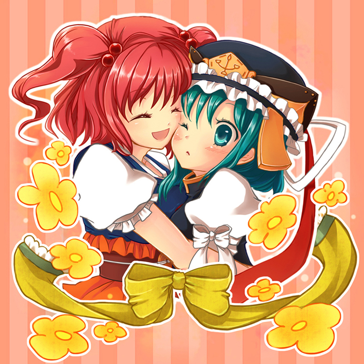 2girls, cheek-to-cheek, closed_eyes, female_focus, flower, green_eyes, green_hair, hair_bobbles