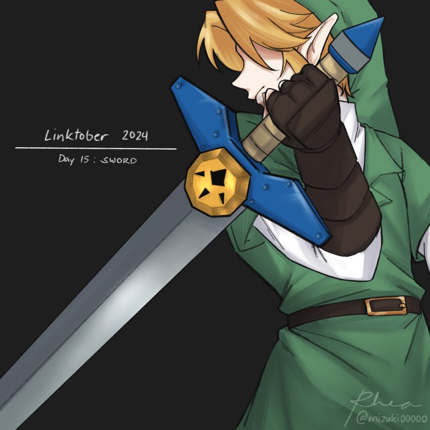 1boy, 2024, belt, biggoron_sword, black_background, blonde_hair, facing_viewer, hat, hidden_eyes, highres, holding, holding_sword, holding_weapon, link, looking_to_the_side, nintendo, pointy_ears, rh_mizuki, solo, sword, the_legend_of_zelda, the_legend_of_zelda:_ocarina_of_time, tunic, upper_body, weapon