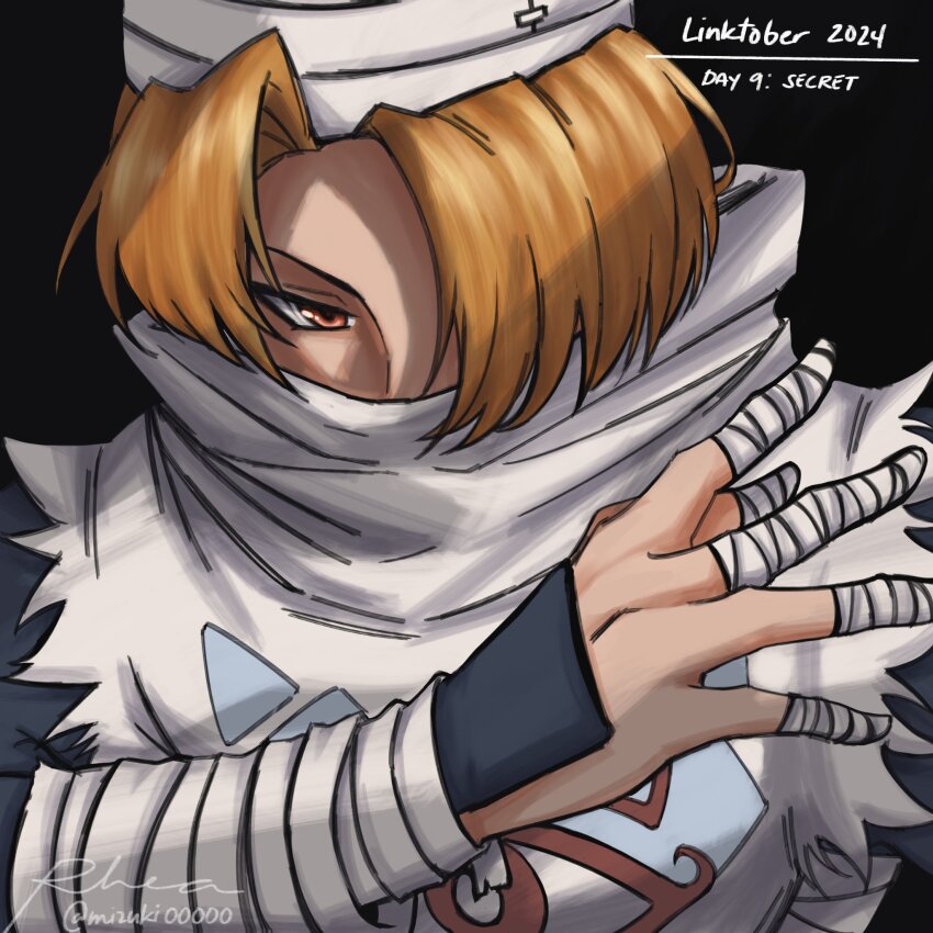 1girl, 2024, black_background, blonde_hair, dated, finger_wrap, hair_over_one_eye, highres