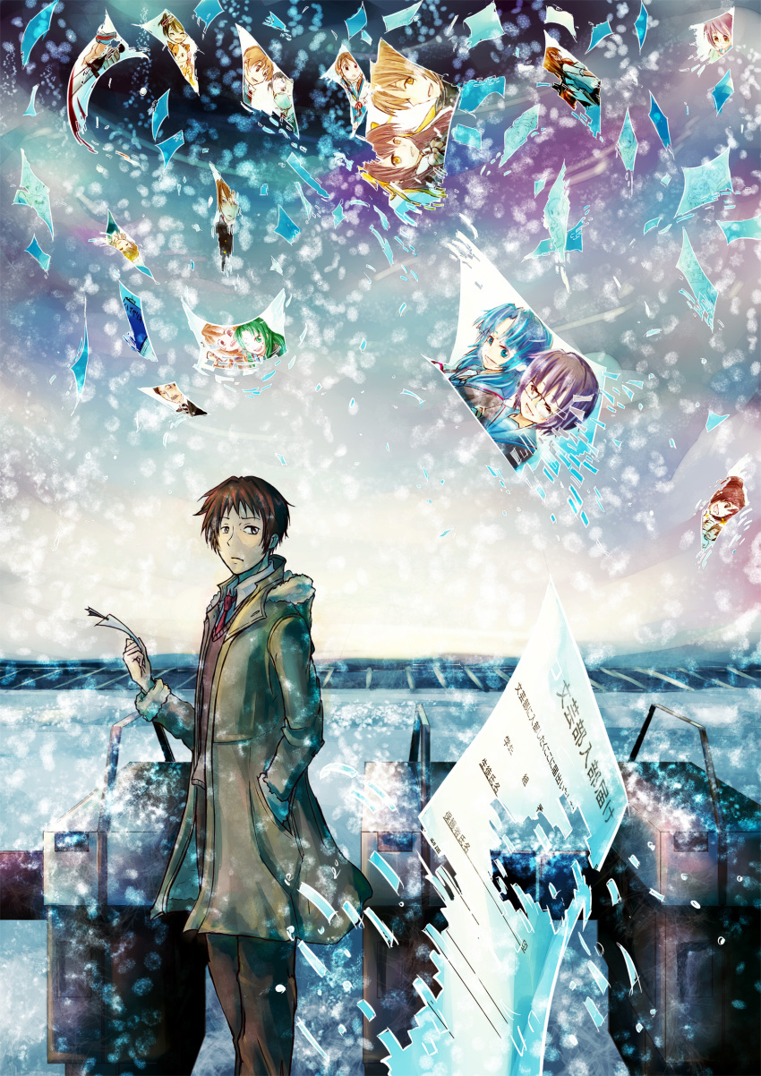 10s, absurdres, arakawa_(suzumiya_haruhi), asahina_mikuru, asakura_ryoko, calico_(pattern), calico_cat, character_request, disintegration, highres, koizumi_itsuki, kouyouen_academy_school_uniform, kunikida_(suzumiya_haruhi), kyon, kyon_no_imouto, male_focus, nagato_yuki, official_alternate_hair_length, official_alternate_hairstyle, photo_(object), school_uniform, shamisen_(suzumiya_haruhi), solo, suzumiya_haruhi, suzumiya_haruhi_no_shoushitsu, suzumiya_haruhi_no_yuuutsu, taniguchi_(suzumiya_haruhi), tsuruya, zxu