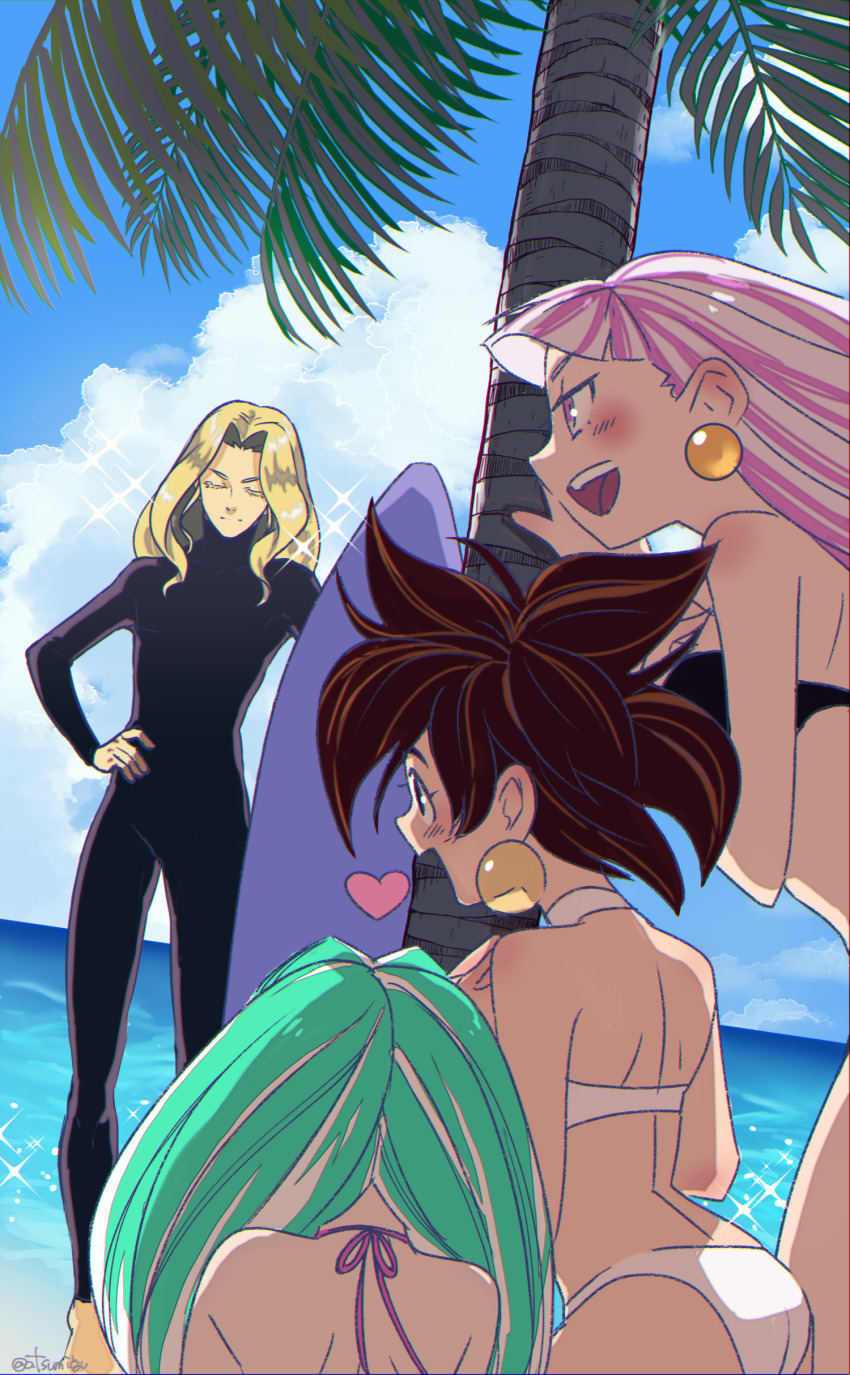 1boy, 3girls, absurdres, ass, bare_shoulders, blonde_hair, blue_sky, breasts