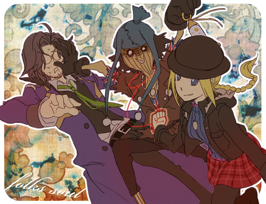 1boy, 1girl, beard_stubble, black_gloves, blonde_hair, blue_sweater, bowl, bowl_hat