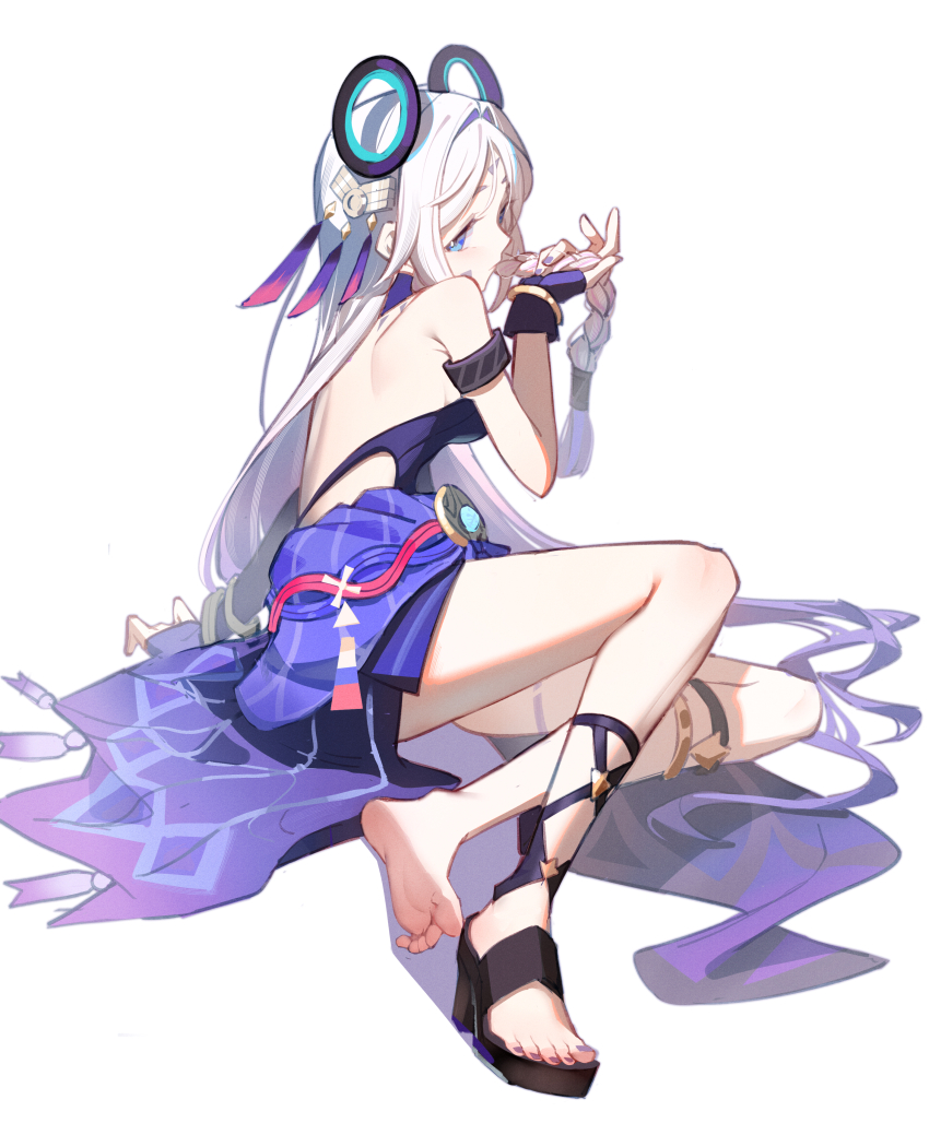 1girl, absurdres, armlet, back, backless_leotard, backless_outfit, bare_shoulders, blue_eyes