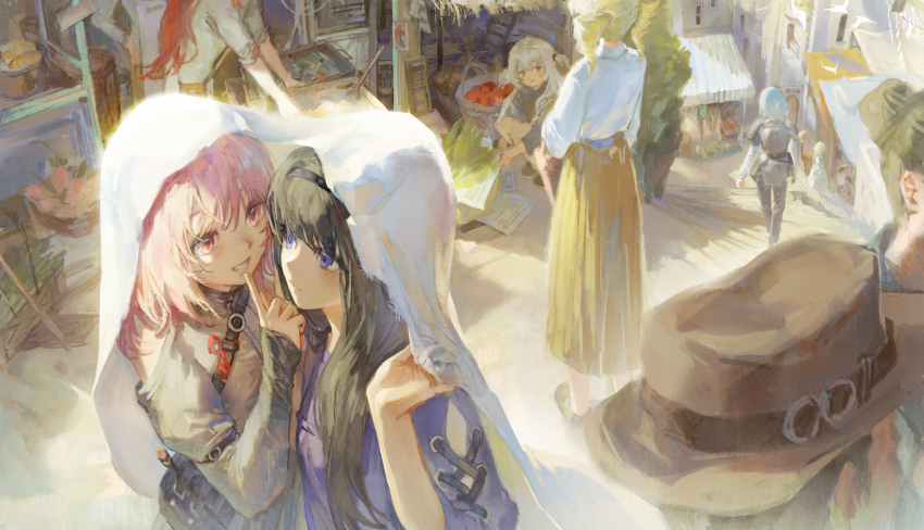 6+girls, absurdres, akemi_homura, alternate_costume, alternate_universe, apple, arm_belt, armor, bag, bare_legs, bare_shoulders, basket, belt, belt_buckle, black_bag, black_hair, black_hairband, blonde_hair, blue_hair, breastplate, brown_bag, buckle, building, chest_belt, chinese_commentary, closed_mouth, clothing_cutout, commentary_request, cross-laced_clothes, cross-laced_sleeves, day, drill_hair, faulds, finger_to_mouth, fingernails, food, from_behind, fruit, grey_hair, grey_pants, grey_shirt, grin, hair_over_shoulder, hair_tie, hairband, hakama, hakama_skirt, happy, highres, japanese_clothes, kaname_madoka, kimono, knees, knight, lanmi_lemmy, light_blush, light_smile, long_hair, long_sleeves, looking_at_another, mahou_shoujo_madoka_magica, market, miki_sayaka, miko, momoe_nagisa, multiple_girls, o-ring, o-ring_belt, orange_eyes, outdoors, pants, parted_lips, pauldrons, people, pink_eyes, pink_hair, puffy_long_sleeves, puffy_sleeves, purple_eyes, purple_shirt, red_hair, red_ribbon, ribbon, sakura_kyoko, scenery, shadow, shared_veil, shirt, shoes, short_kimono, shoulder_armor, shoulder_bag, shoulder_cutout, single_hair_intake, skirt, sleeves_past_wrists, sleeves_rolled_up, smile, squatting, stairs, three-quarter_sleeves, tomoe_mami, turtleneck, turtleneck_shirt, twin_drills, two_side_up, veil, walking, white_kimono, white_veil, window, yellow_hakama, yellow_shoes