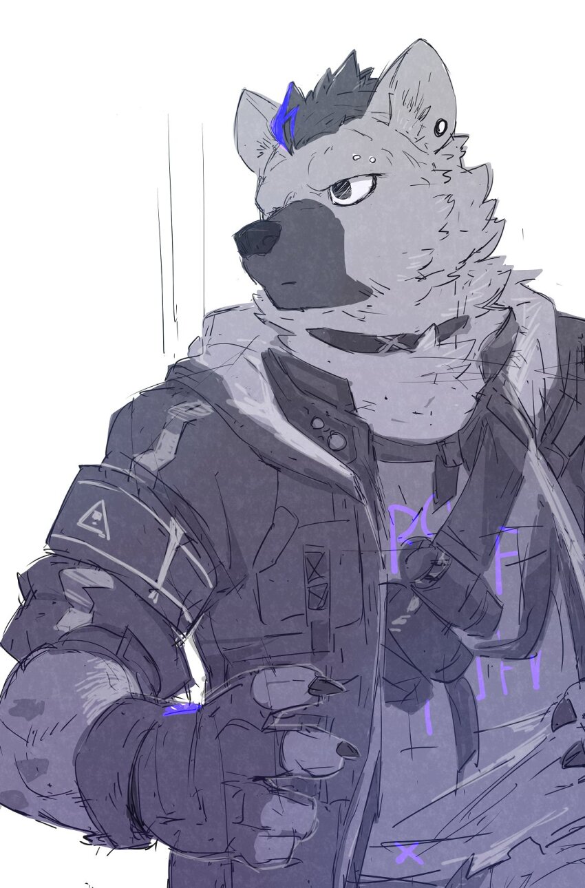 1boy, arknights, armband, black_hair, black_jacket, claws, collar, animal_nose