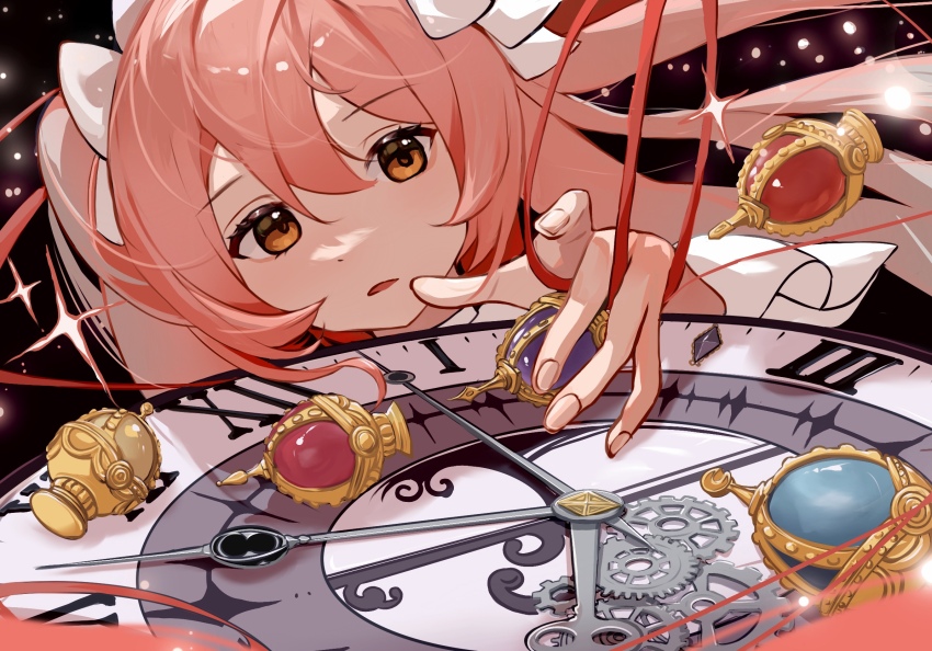 1girl, black_background, blue_gem, bow, choker, clock, commentary, dot_nose