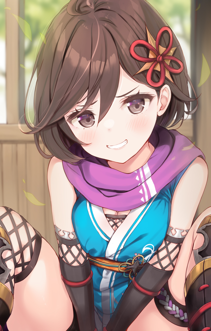 1girl, ahoge, azami_(saga), black_gloves, brown_hair, cloak, elbow_gloves, fishnets, gloves, grin, highres, japanese_clothes, kimono, komone_ushio, looking_at_viewer, ninja, orange_sash, purple_cloak, romancing_saga_2, saga, short_hair, shuriken_hair_ornament, sitting, sleeveless, sleeveless_kimono, smile, solo, spread_legs, swept_bangs, teeth, thigh_strap