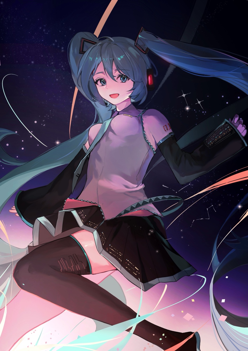 1girl, absurdly_long_hair, absurdres, aqua_eyes, aqua_hair, aqua_necktie, bare_shoulders, black_boots