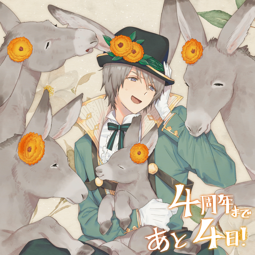 1boy, animal, animal_ears, blue_eyes, donkey, donkey_ears, gloves, grey_hair
