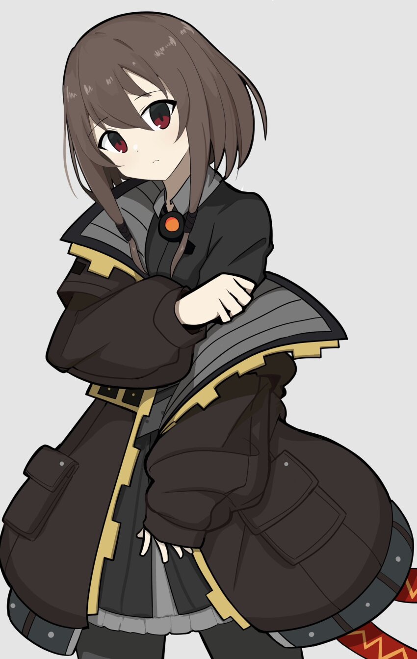 1girl, brown_hair, closed_mouth, commentary_request, hair_between_eyes, hair_ornament, highres, jacket, looking_at_viewer, sentinel_girls, medium_hair, military_uniform, pantyhose, red_eyes, simple_background, sironuigurumi, snezhinka_(sentinel_girls), solo, white_background