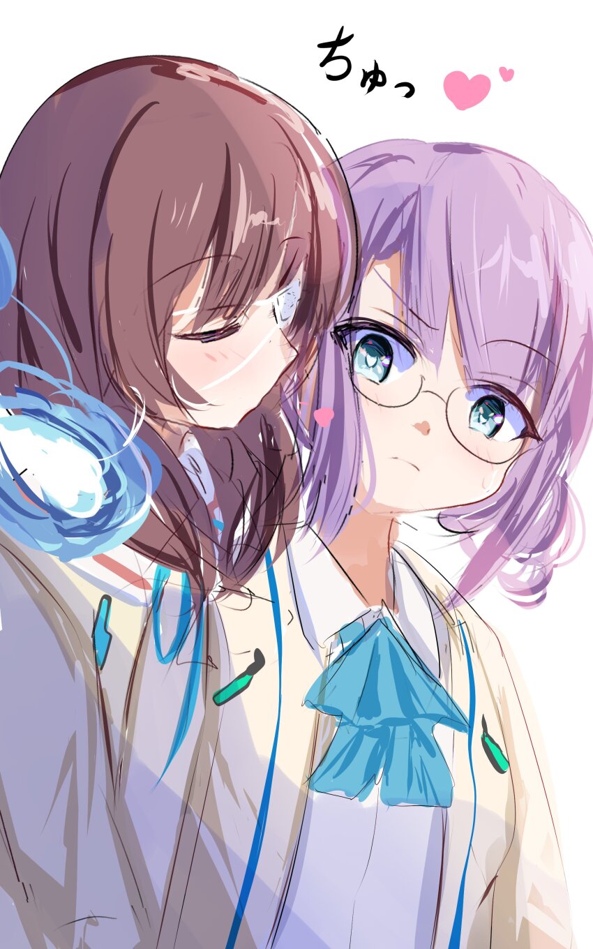 2girls, absurdres, bow, bowtie, brown_hair, drill_hair, eyepatch, glasses