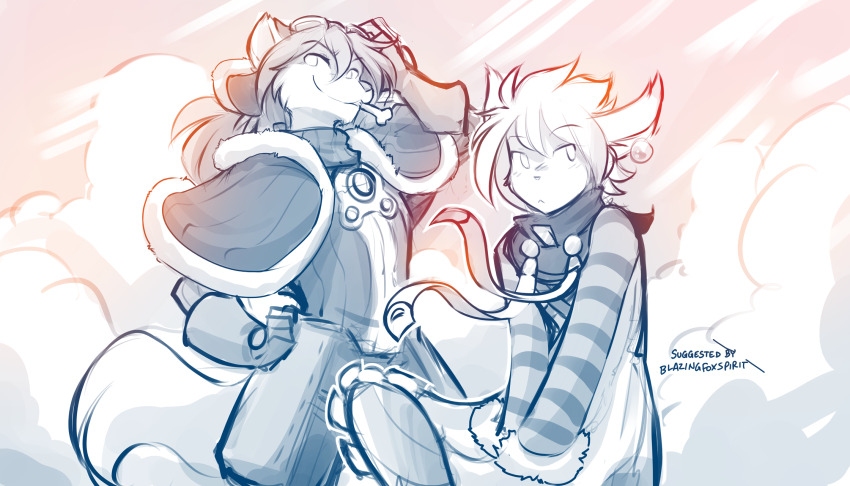 capelet, cloud, cloudy_sky, cosplay, elh_melizee, elh_melizee_(cosplay), fur_trim, furry, furry_with_furry, highres, keith_keiser, little_tail_bronx, making-of, natani, outdoors, red_savarin, red_savarin_(cosplay), sky, solatorobo, standing, tom_fischbach, twokinds