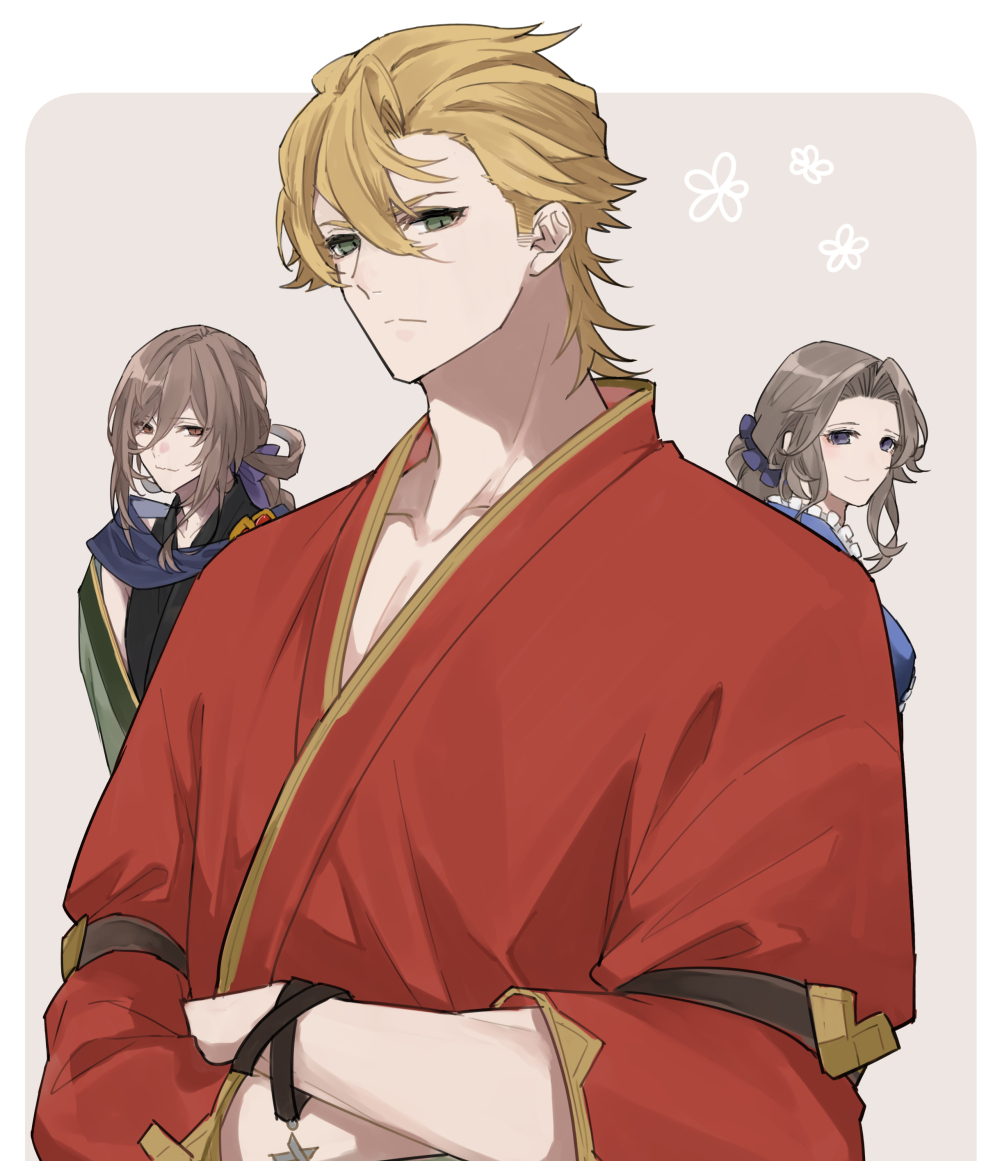 1girl, 2boys, black_kimono, blonde_hair, blue_eyes, brown_eyes, brown_hair, florence_(granblue_fantasy), gawain_(granblue_fantasy), granblue_fantasy, green_eyes, hair_between_eyes, huyoyo_yo, japanese_clothes, kimono, lamorak_(granblue_fantasy), long_hair, looking_at_viewer, multiple_boys, short_hair, sleeveless, sleeveless_kimono