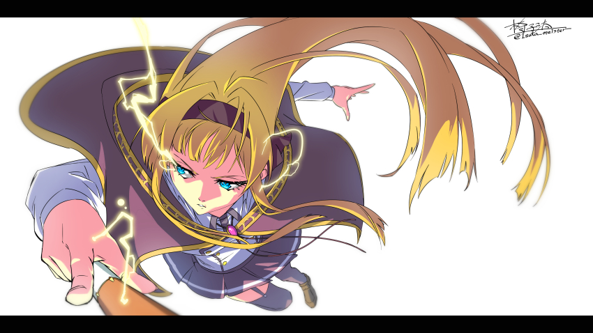 1girl, absurdres, aqua_eyes, black_skirt, blonde_hair, cape, electricity, garter_straps