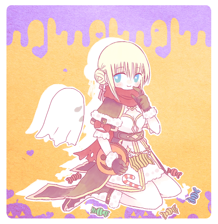 1girl, alternate_costume, alternate_eye_color, arch_mage_(ragnarok_online), bag, blonde_hair, blue_eyes, blush, boots, border, breasts, brown_boots, brown_capelet, brown_gloves, brown_ribbon, candy, capelet, closed_mouth, commentary_request, double_bun, dress, drop_shadow, food, full_body, fur-trimmed_boots, fur-trimmed_capelet, fur-trimmed_gloves, fur_trim, ghost, gloves, gold_trim, hair_bun, hair_ribbon, halloween, handbag, k0u_you, kathryne_keyron, looking_at_viewer, looking_to_the_side, orange_background, purple_background, ragnarok_online, ribbon, seiza, sheet_ghost, short_hair, sitting, small_breasts, smile, solo, two-tone_background, whisper_(ragnarok_online), white_border, white_dress, wrapped_candy