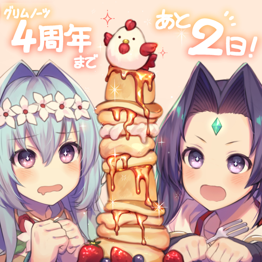 2girls, aesop_(grimms_notes), anniversary, bird, blue_hair, chicken, cocco_villain_(grimms_notes), drooling