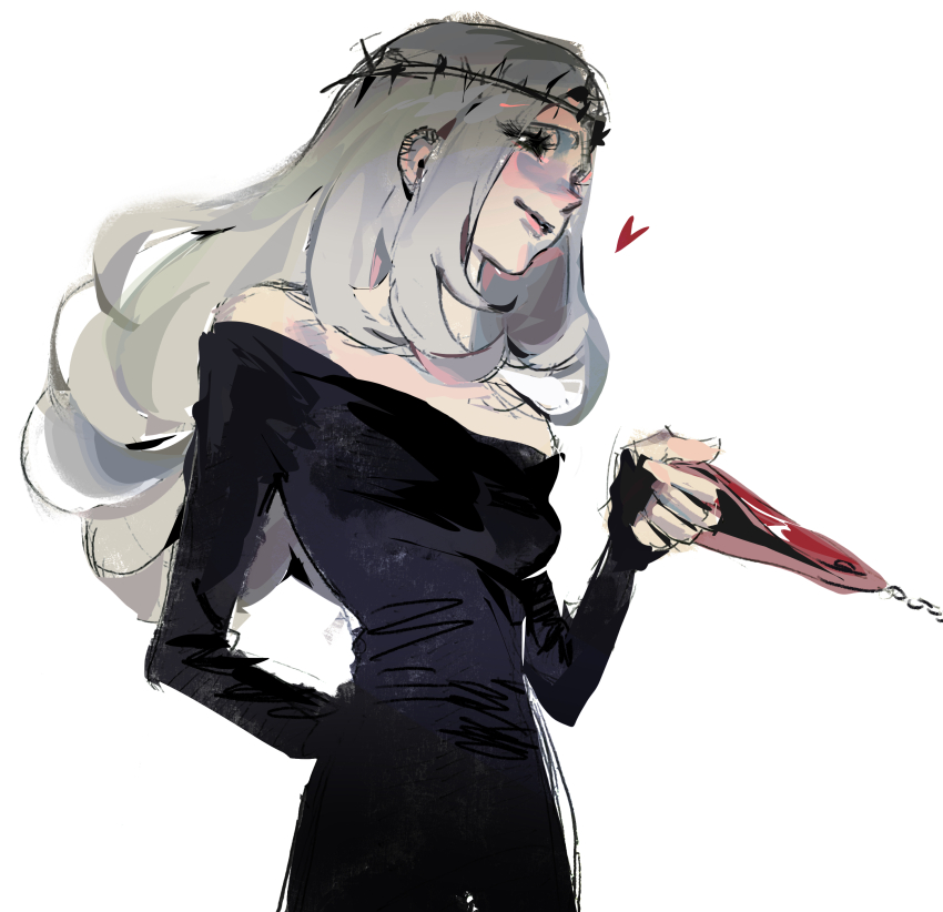 1girl, absurdres, bare_shoulders, black_dress, black_eyes, crown_of_thorns, dress, eyelashes