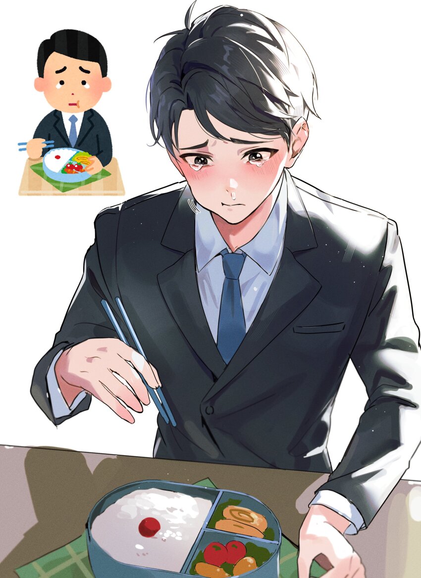 1boy, absurdres, bento, black_eyes, black_hair, cherry, closed_mouth, collared_shirt