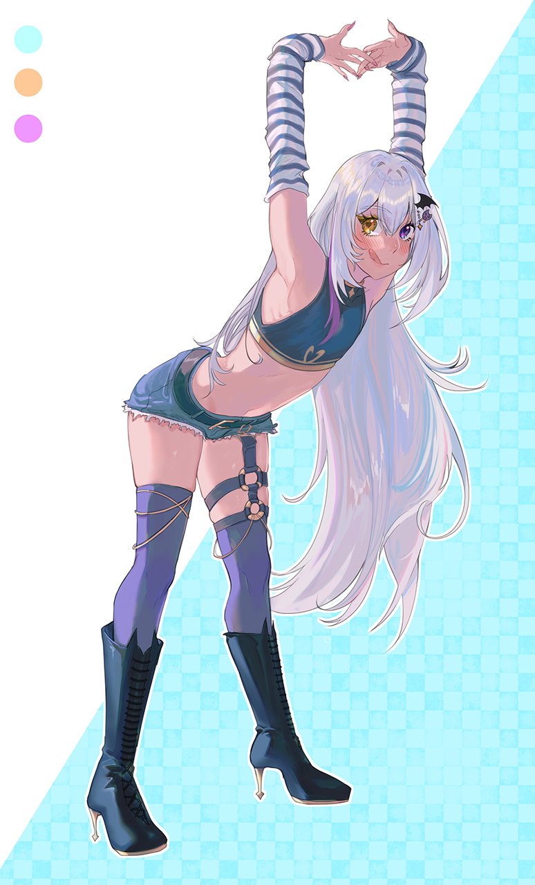 1boy, :q, armpits, arms_up, belt, blue_background, boots, commentary