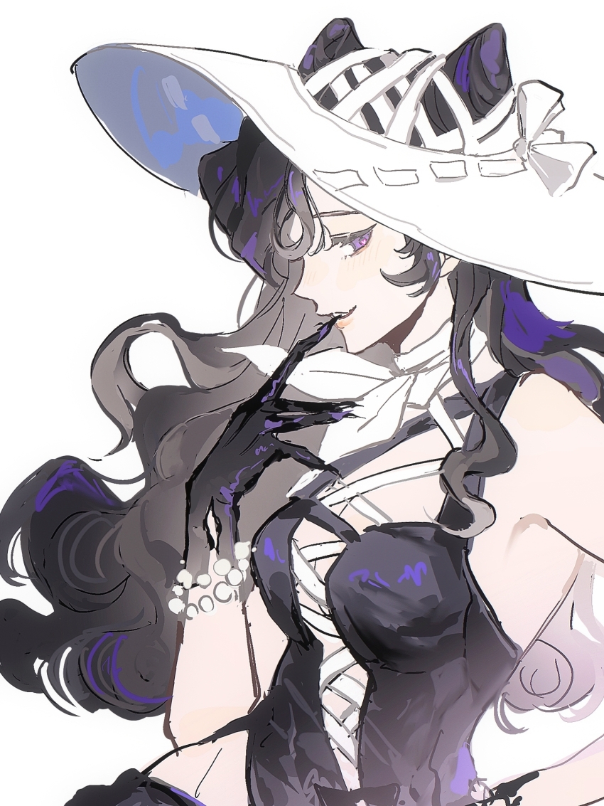 1girl, anjo_nala, bare_shoulders, biting, biting_glove, black_dress, black_hair, breasts, cleavage, cleavage_cutout, clothing_cutout, cone_hair_bun, double_bun, dress, from_side, gloves, hair_bun, hand_up, hat, highres, hip_vent, lasiven, long_hair, looking_at_viewer, medium_breasts, ms._kimberly_(reverse:1999), neckerchief, profile, purple_eyes, reverse:1999, sleeveless, sleeveless_dress, solo, upper_body, wavy_hair, white_background, white_hat, white_neckerchief