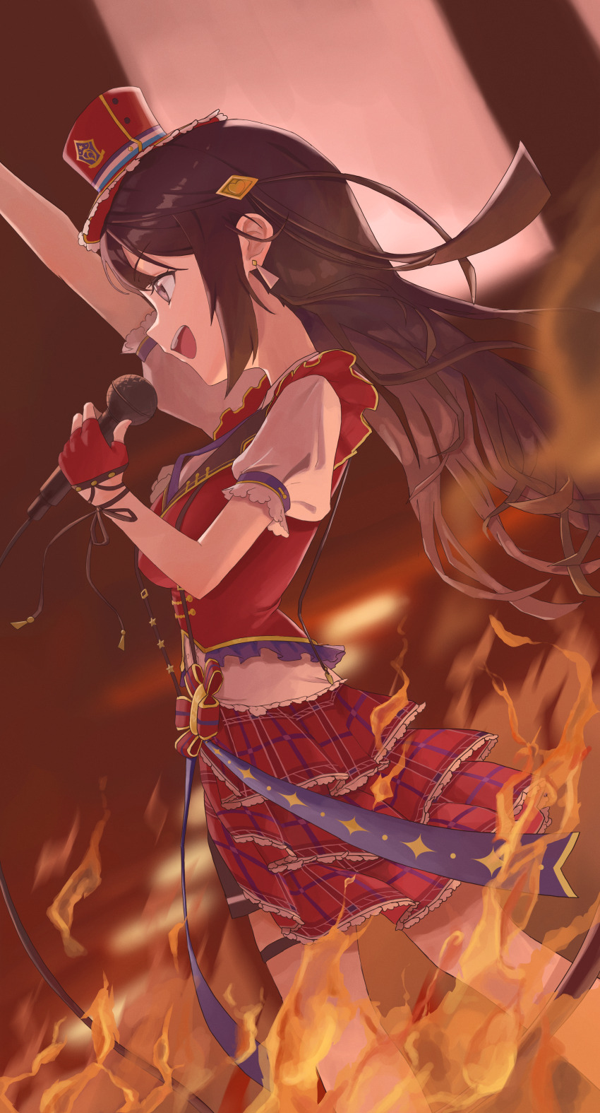 1girl, :d, absurdres, arm_up, black_hair, black_shorts, blurry, blurry_background