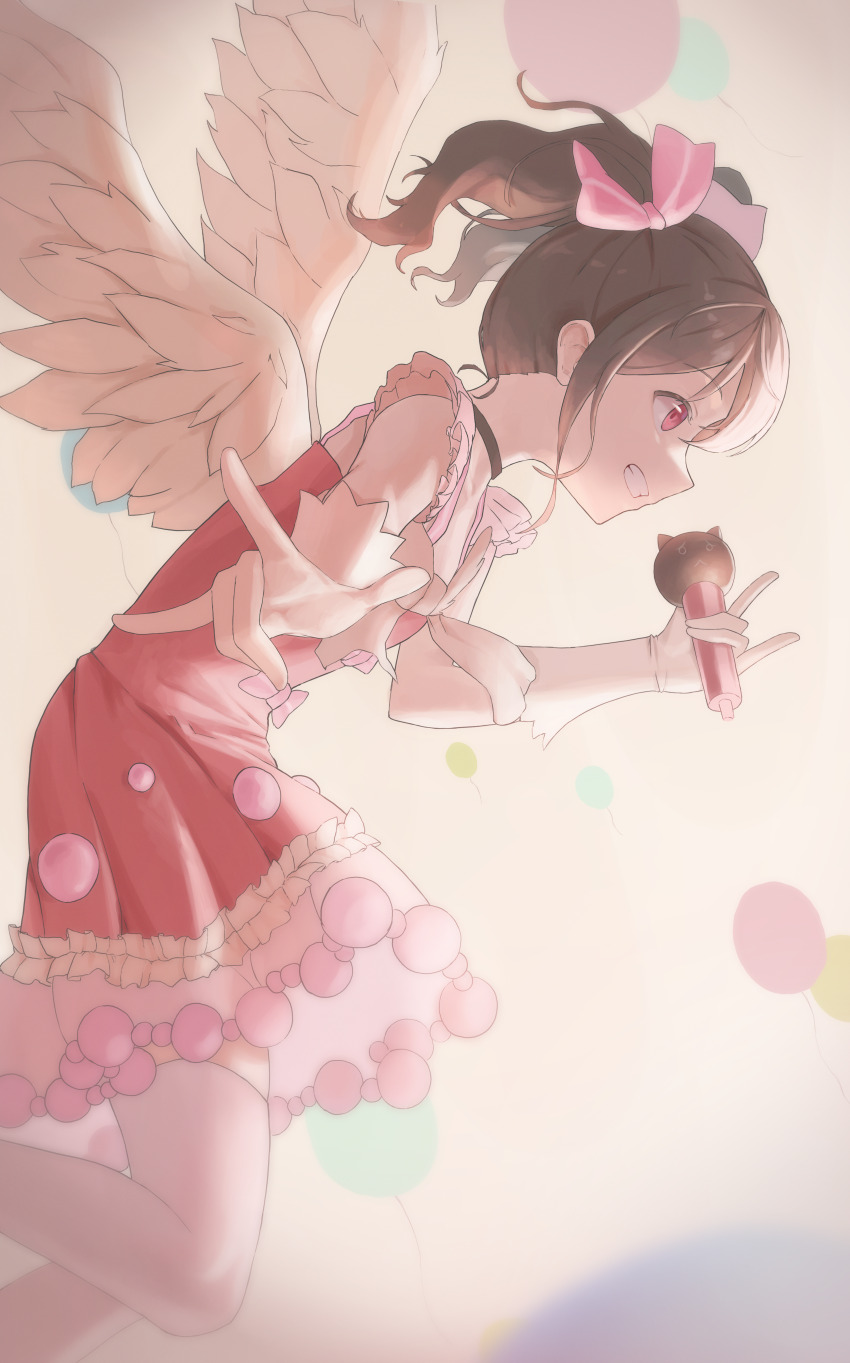 1girl, absurdres, angel_wings, black_hair, bow, commentary_request, dress, feet_out_of_frame