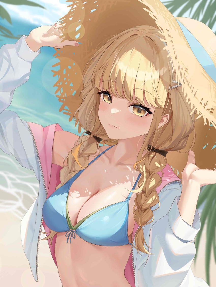 1girl, absurdres, alternate_breast_size, beach, bikini, blonde_hair, blue_bikini, blush