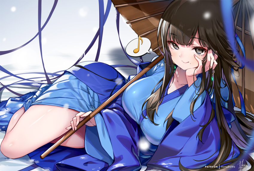 1girl, black_eyes, black_hair, blue_kimono, breasts, closed_mouth, collarbone, commentary_request