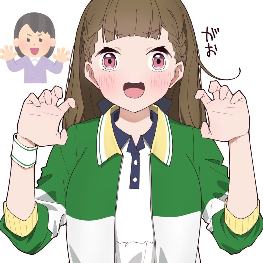 1girl, :d, blush, braid, breasts, brown_hair, casual, center-flap_bangs, collared_jacket, collared_shirt, commentary, green_jacket, hashtag-only_commentary, highres, irasutoya, irasutoya_challenge, jacket, kachimachi_kosuzu, kachimachi_kosuzu_(winter_training_wear), link!_like!_love_live!, liz_(piyoko_piyop), long_hair, looking_at_viewer, love_live!, medium_breasts, multicolored_jacket, official_alternate_costume, open_clothes, open_jacket, open_mouth, pink_eyes, polo_shirt, reference_inset, shirt, side_ahoge, side_braids, simple_background, smile, solo, straight_hair, three-quarter_sleeves, two-tone_jacket, upper_body, v-shaped_eyebrows, virtual_youtuber, white_background, white_jacket, white_shirt
