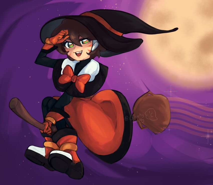 1girl, aile_(mega_man_zx), alternate_costume, broom, broom_riding, brown_hair, dress, full_body