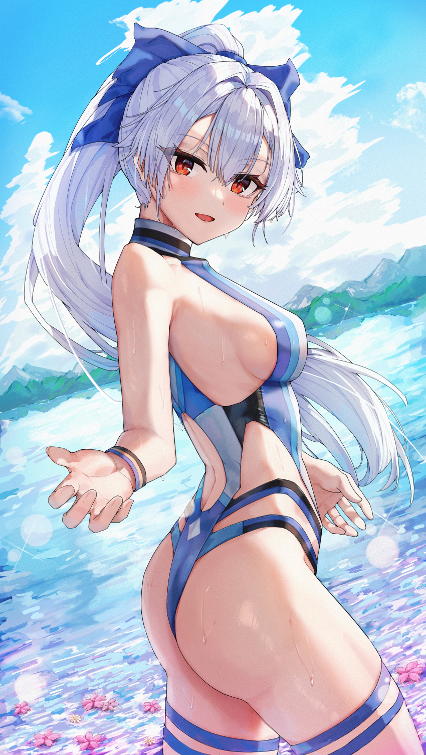 1girl, absurdres, ass, bare_shoulders, blue_bow, blue_one-piece_swimsuit, blush, bow