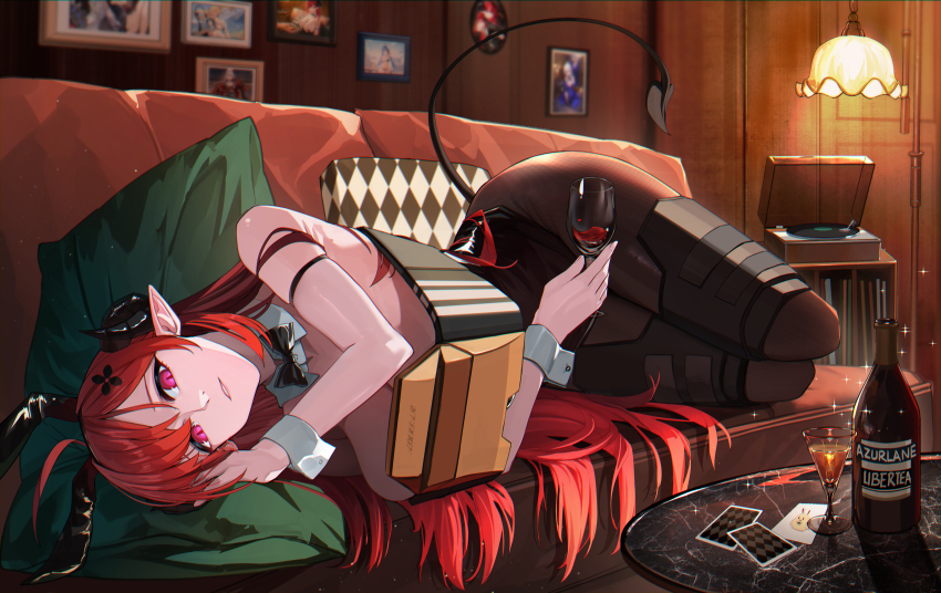 1girl, absurdres, alcohol, animal_ear_hairband, animal_ears, azur_lane, bare_shoulders, black_horns