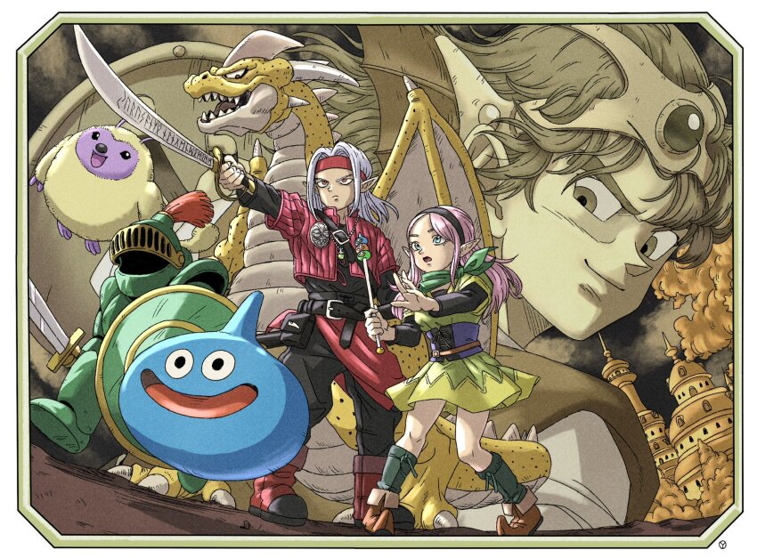 1girl, 2boys, 4others, aged_down, black_hairband, blue_eyes, border, character_request, colored_skin, commentary_request, demon_boy, dragon, dragon_quest, dragon_quest_iv, dragon_quest_monsters_3, dress, elf, fizzy_(dragon_quest), floating_clothes, floating_hair, fuzzy_(dragon_quest), green_neckerchief, hairband, headband, hero_(dq4), highres, holding, holding_sword, holding_wand, holding_weapon, long_hair, looking_back, multiple_boys, multiple_others, neckerchief, parted_hair, pink_hair, pink_skin, pisaro, pointed_footwear, pointy_ears, red_eyes, red_headband, rosalie_(dq4), shield, slime_(dragon_quest), slime_stack, sword, toriyama_akira_(style), wand, weapon, white_border, white_hair, yuto_sakurai