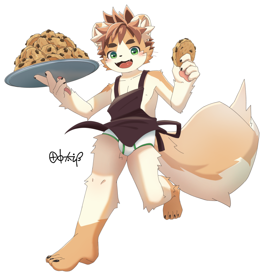 1boy, animal_ears, apron, artist_name, barefoot, black_apron, blush, bulge