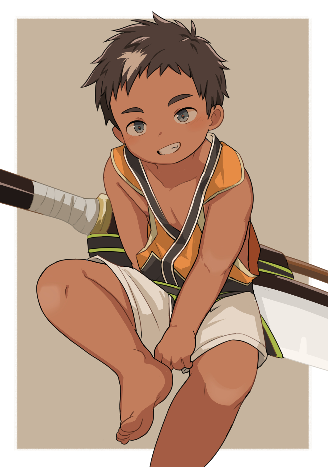 1boy, acnhiti, barefoot, blue_eyes, commentary, dark_skin, highres, izu_(tamacolle)
