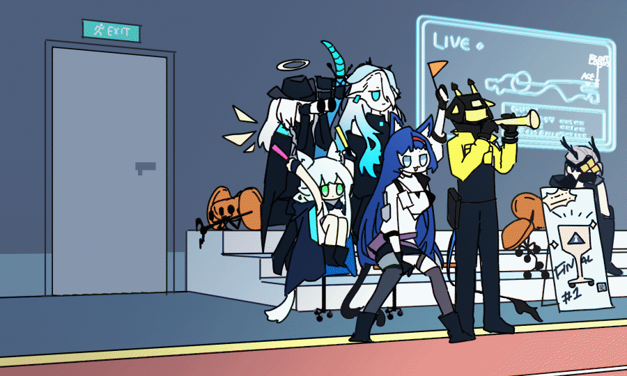 ..., 5boys, 6+girls, ace_(arknights), amiya_(arknights), animal_ears, animated, animated_gif, arknights, arms_up, binoculars, blaze_(arknights), blue_hair, brown_hair, cat_ears, cat_girl, chair, cheering, chinese_commentary, commentary_request, competition, covered_face, detached_wings, evening, exit_sign, flag, glowstick, grey_hair, halo, holding, holding_binoculars, holding_flag, holding_glowstick, holding_instrument, holding_trumpet, indoors, instrument, kal'tsit_(arknights), knees_to_chest, logos_(arknights), losia, mantra_(arknights), mechanist_(arknights), misery_(arknights), mountainous_horizon, multiple_boys, multiple_girls, music, open_door, outcast_(arknights), outdoors, playing_instrument, rosmontis_(arknights), scout_(arknights), sitting, sky, spoken_ellipsis, standing, stool, sunglasses, suspension, swivel_chair, throwing, traditional_halo, trumpet, white_hair, wings, yellow_halo, yellow_wings