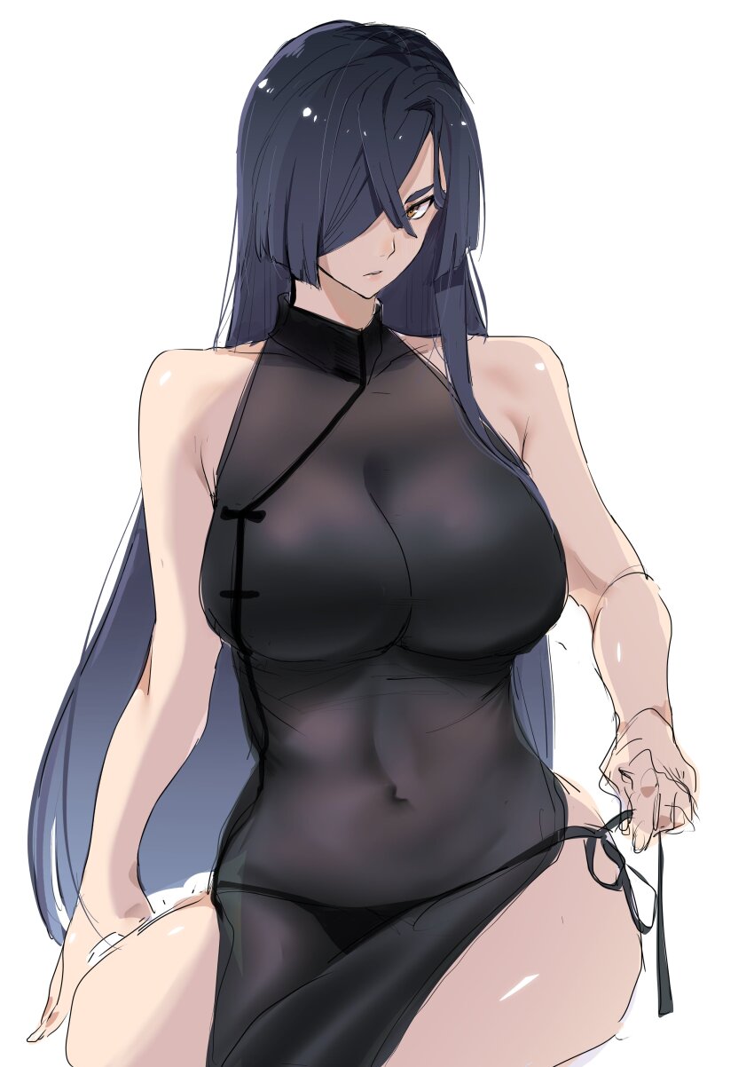 1girl, absurdres, black_dress, black_hair, black_panties, breasts, china_dress, chinese_clothes