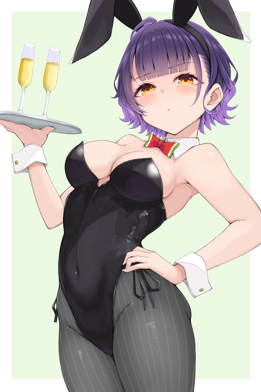 1girl, absurdres, animal_ears, bare_shoulders, black_leotard, blush, bow, bowtie, breasts, commentary, covered_navel, detached_collar, fake_animal_ears, green_background, hand_on_own_hip, highleg, highleg_leotard, highres, holding, holding_tray, large_breasts, leotard, looking_at_viewer, nanase_suzuna, nijisanji, pantyhose, playboy_bunny, purple_hair, rabbit_ears, red_bow, red_bowtie, short_hair, simple_background, solo, strapless, strapless_leotard, temari_rin, tray, virtual_youtuber, wrist_cuffs, yellow_eyes